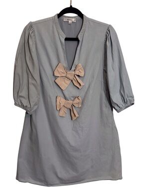 Lalavon Size Medium Blue Bow Mini Dress Coquette Cottagecore Puff Sleeve